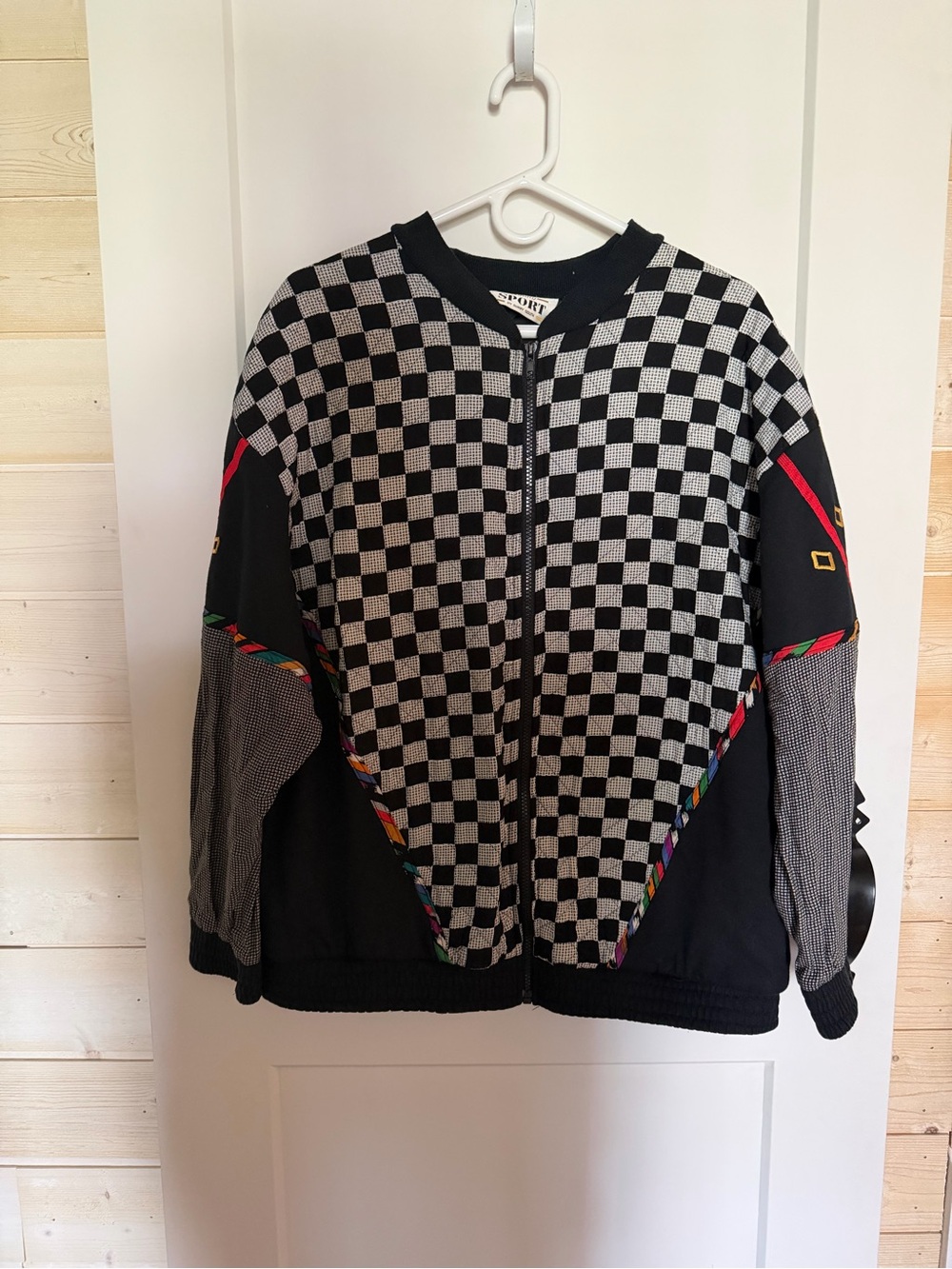 90s Bomber Track Streetwear Style Jacket with Black Check and Multicolor Trim